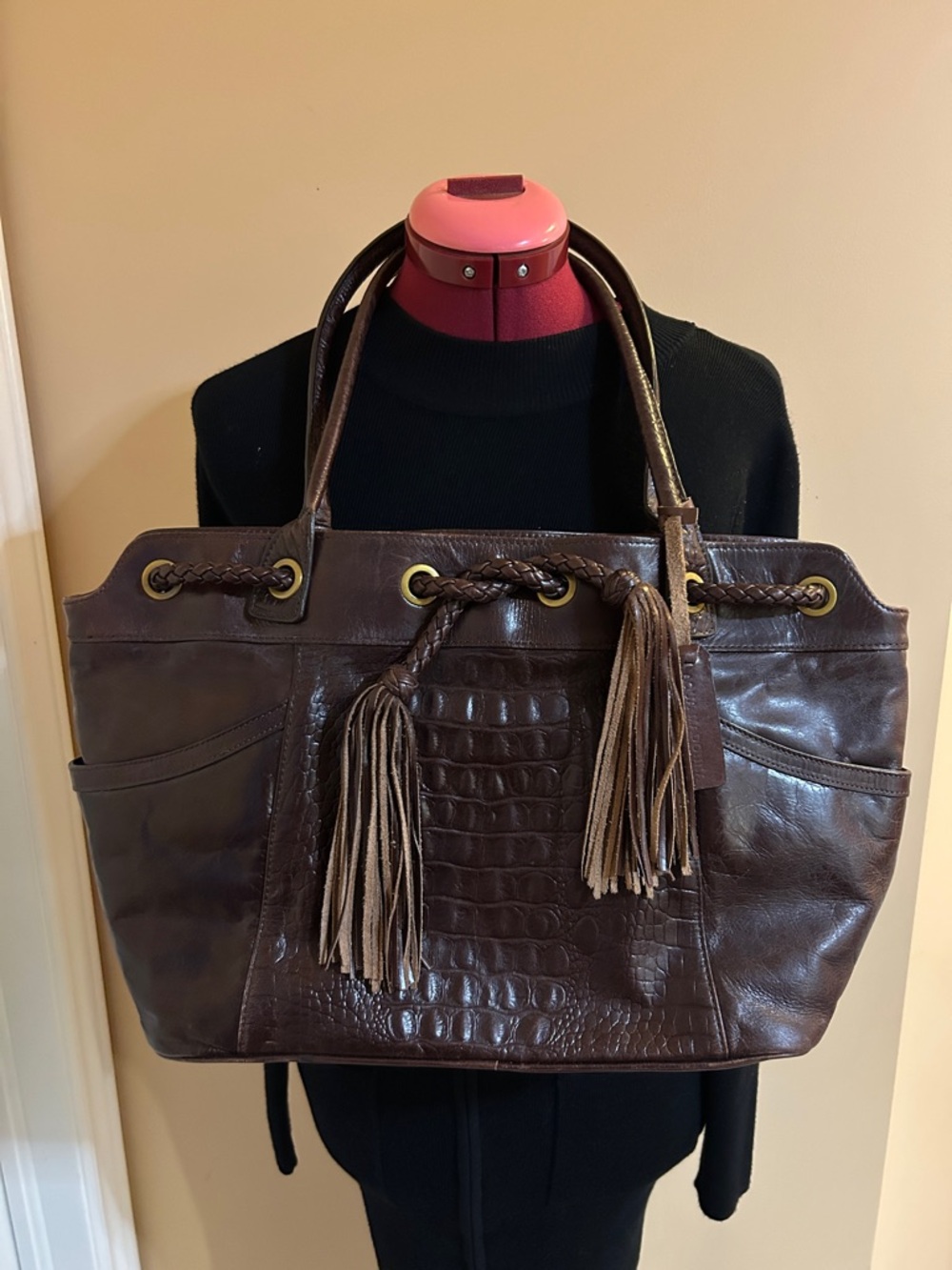 Aqua Madonna Chocolate Brown Leather Tote with Braided Tassels